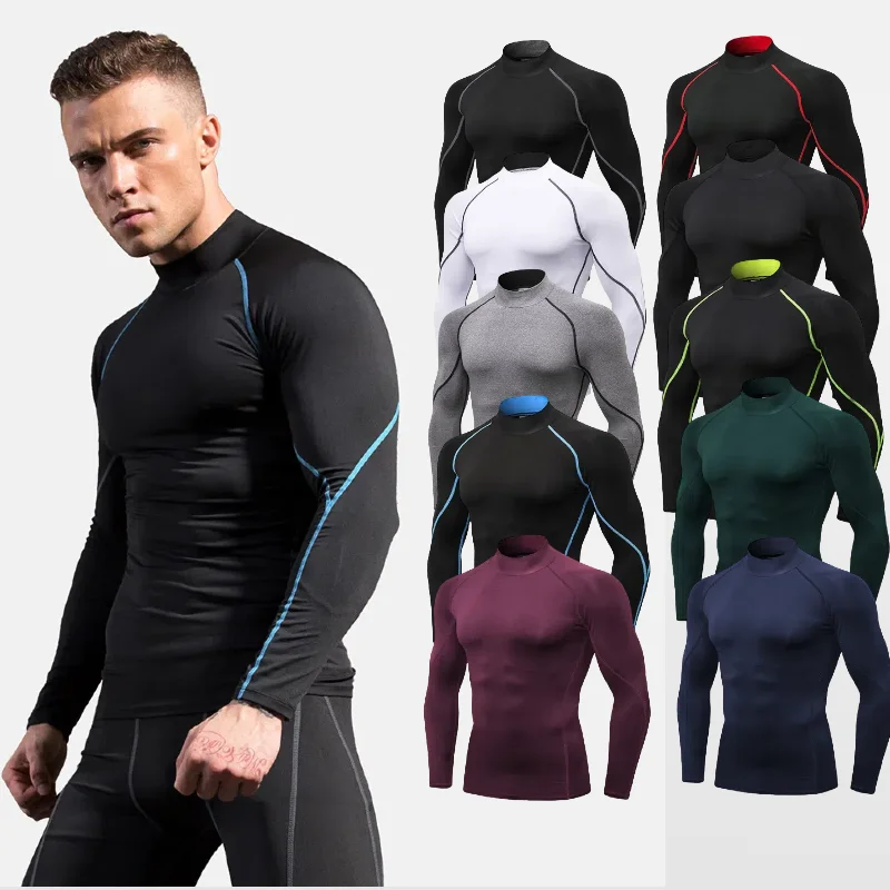 

Men's high necked fitness long sleeved sports running long sleeved tshirt autumn and winter elastic quick drying standing collar