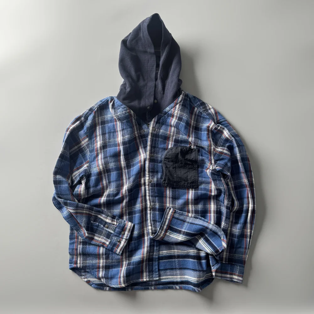 

Мужская классическая хлопковая рубашка-куртка в британском стиле, свободного кроя, с капюшоном, в клетку, с цветовыми блоками, для осени, с длинным рукавом