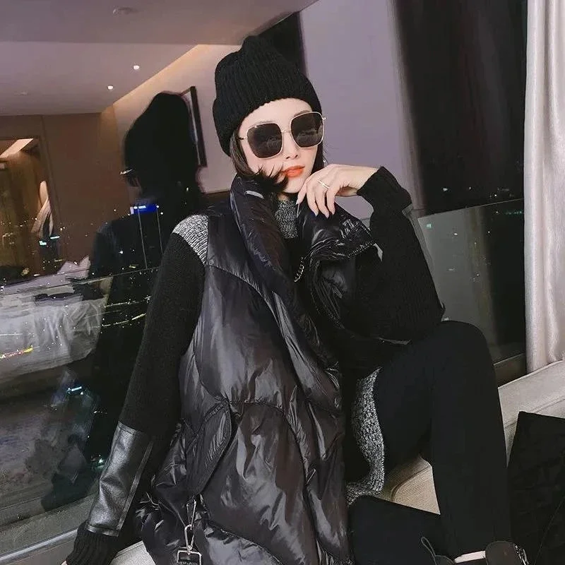 

2024 Autumn Winter Down Cotton Vest Jacket Women Stand Collar Loose Zipper Buckle Ribbon Black Street Sleeveless Waistcoat