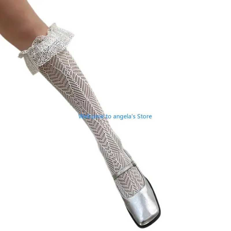 

X4YC Japanese Geometric Thigh High Stockings for Women Elegant Ruffle Lace Trim Solid Frilly Over Knee Sock