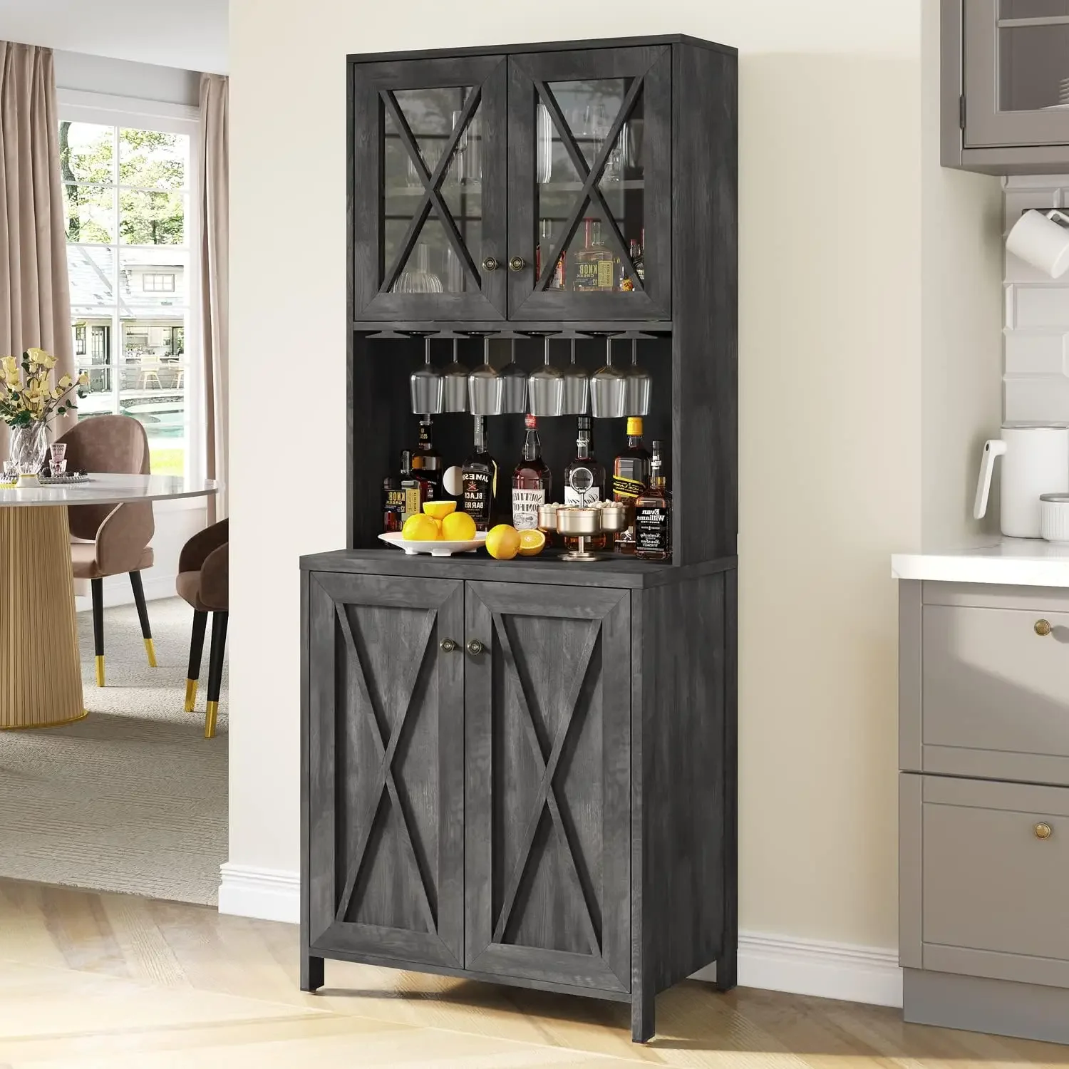 YITAHOME Farmhouse Bar Cabinet, 67-calowa wysoka szafka na wino ze stojakiem na kieliszki do wina, domowa szafka barowa z otwartymi półkami do przechowywania i