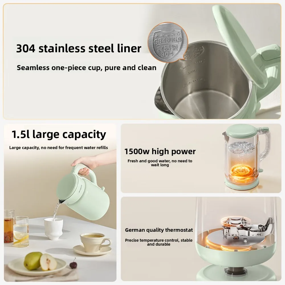 1.5L Double Wall 304 Stainless Steel Electric Kettle, 0-Glue Home Water Boiler, Anti-Dry Boil Safety Durable for Kitchen