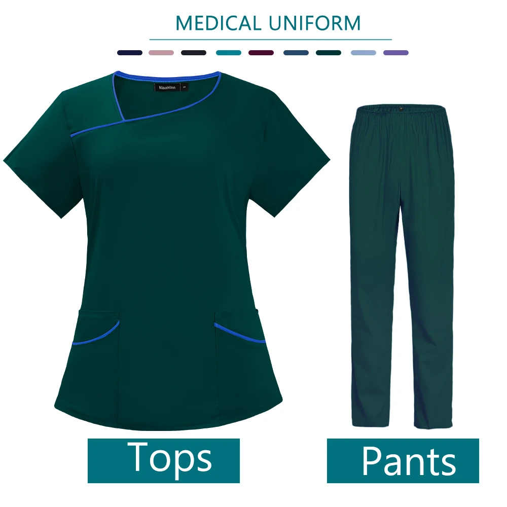 Women's Surgical Uniform Solid Color Short-Sleeved Top Pants for Nurses Workwear Fashion Scrubs Uniform Suit Nurse Accessories