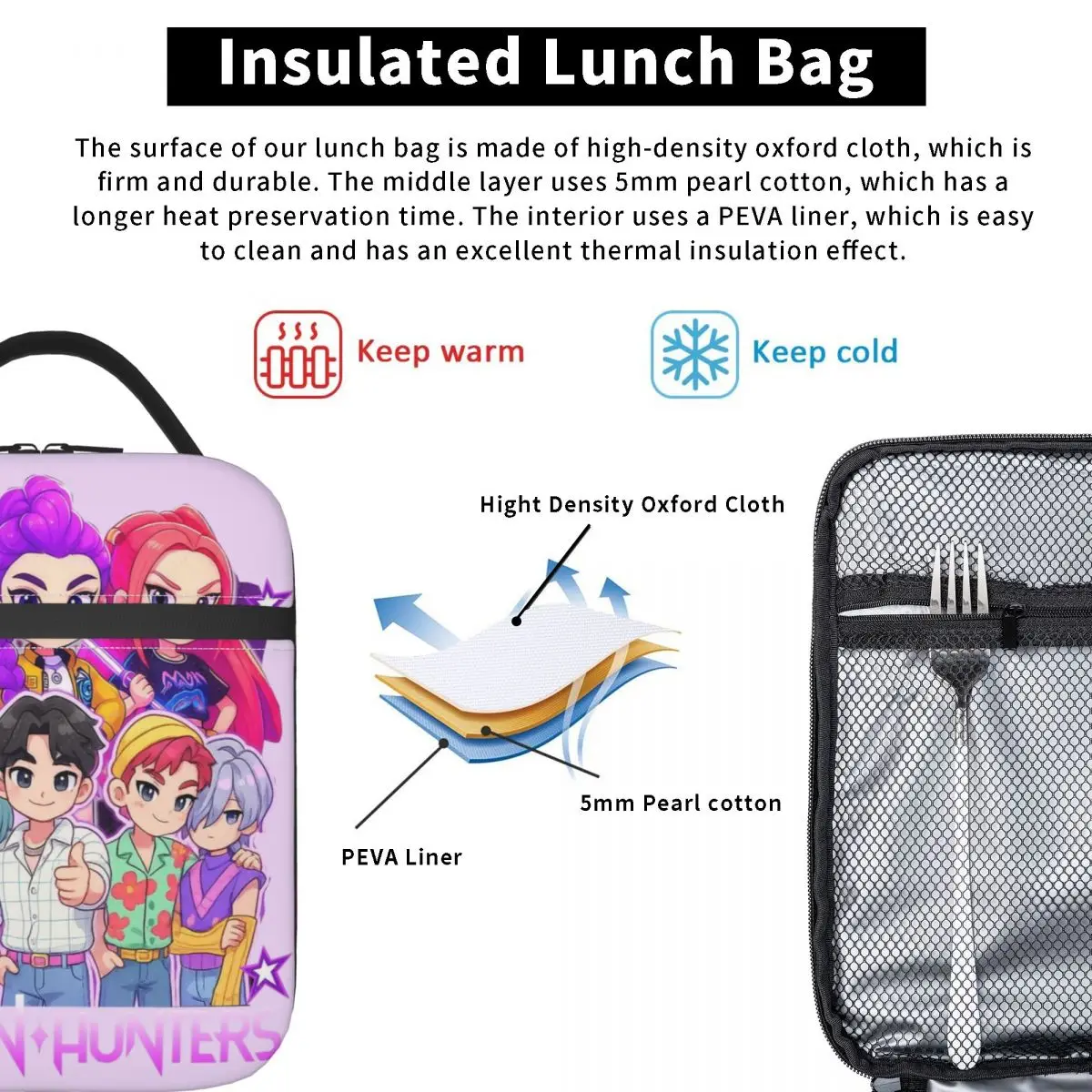KPOP شيطان الصيادين حقيبة الغداء صندوق غداء مدرسي للنساء ريترو طباعة حمل أكياس الغذاء أكسفورد حقيبة للحفاظ على البرودة مريحة