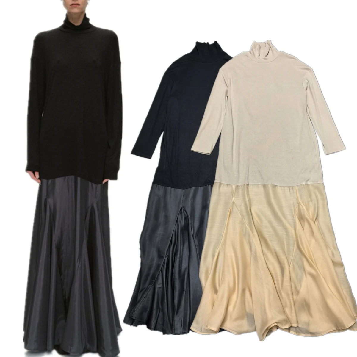 

Jenny&Dave Turtleneck Knitted Patchwork Dress Nordic Simple Fashion Large Swing Elegant Party Dresses Long Dress Vestidos