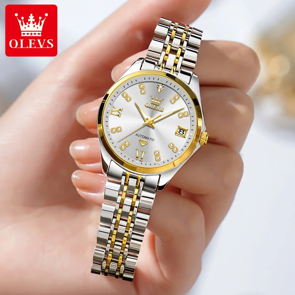OLEVS 9801 Orologio da donna Orologio meccanico automatico impermeabile alla moda di lusso Set di orologi da donna con data di diamanti in acciaio inossidabile