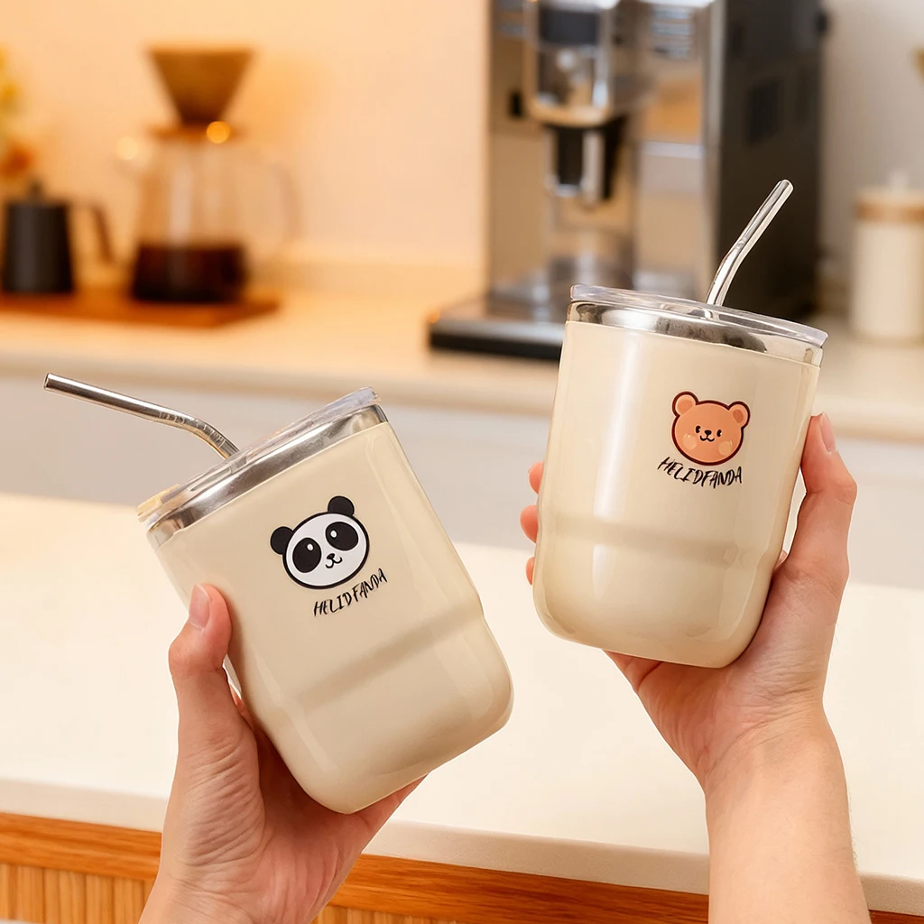 

WORTHBUY 304, изолированная кофейная кружка с двойными стенками и соломинкой, портативная милая герметичная чашка для питья, стакан для детей