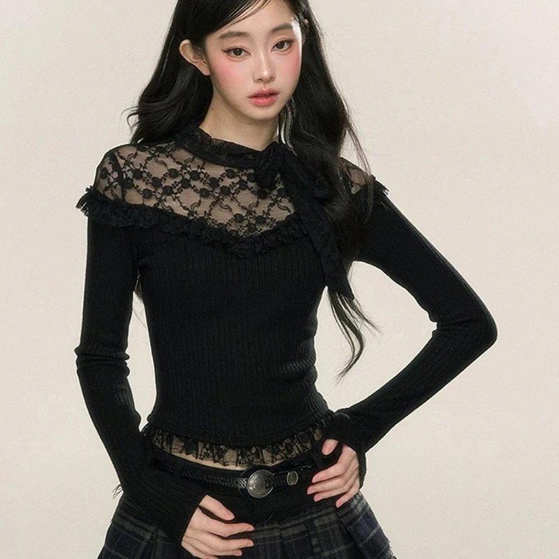 레이스 나무 귀걸이 패치 워크 블랙 스웨터 긴 소매 슬림 섹시한 시스루 니트 스웨터 컷 아웃 달콤한 우아한 화이트 풀오버