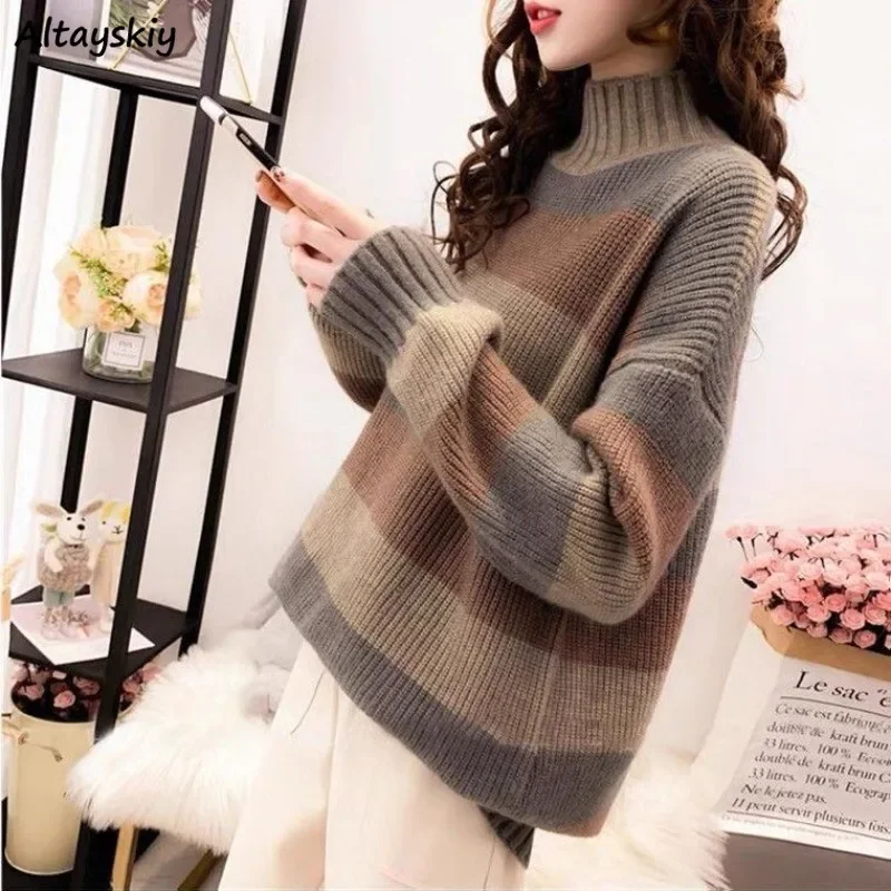 

Pullovers Women Prevalent Autumn Vintage Knitting Charming Warm Half High Collar Design Baggy Striped Simple All-match