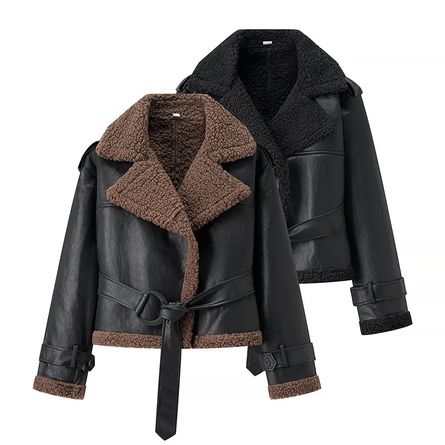 Women's Fashion Elegant Coat With Belt Vintage Black Leather Shearling Jacket With Brown Lining And Belted Waist For Winter NZK6