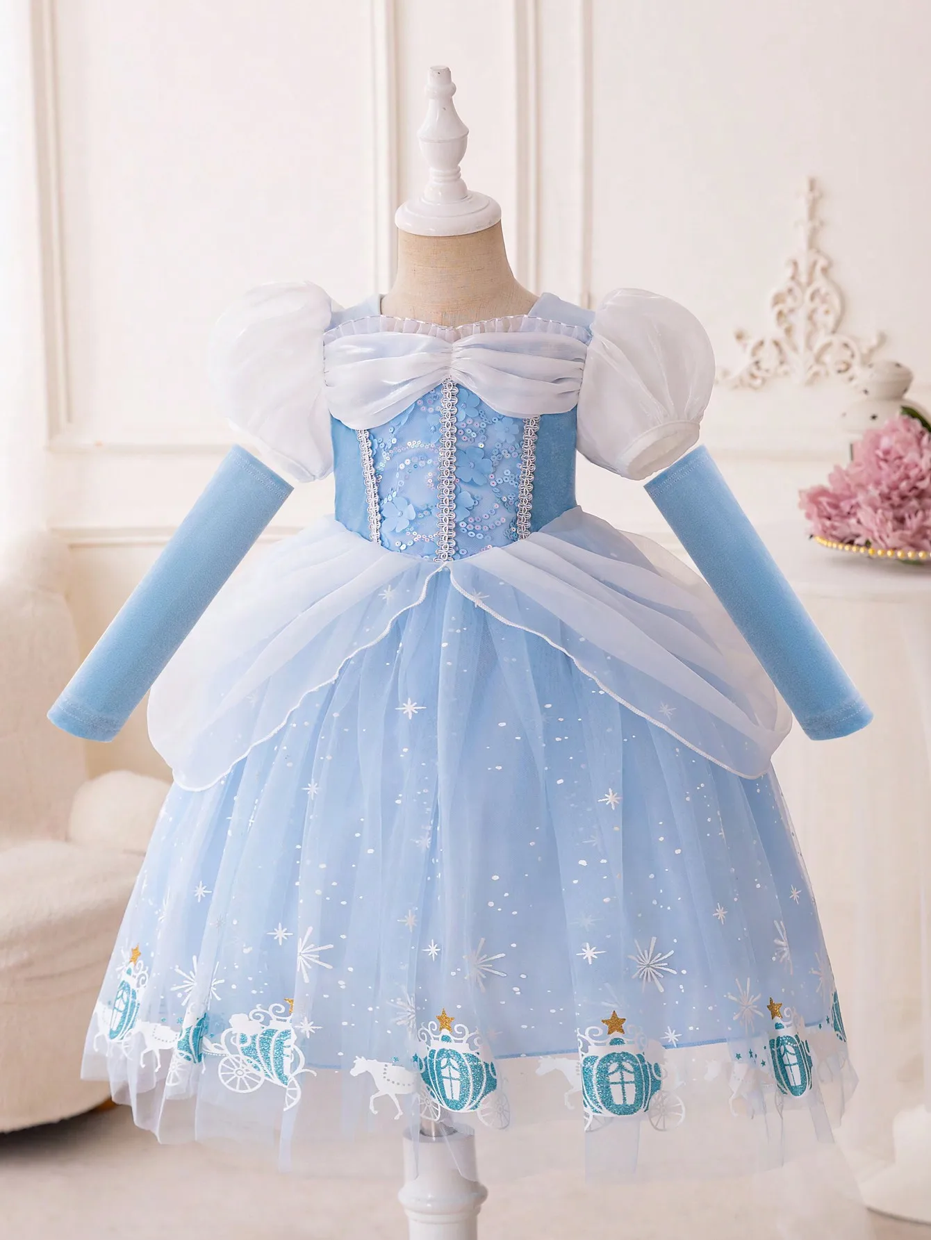 

Light Blue Tulle Ball Gown Dress with Puffed Sleeves and Carriage Print for Girls