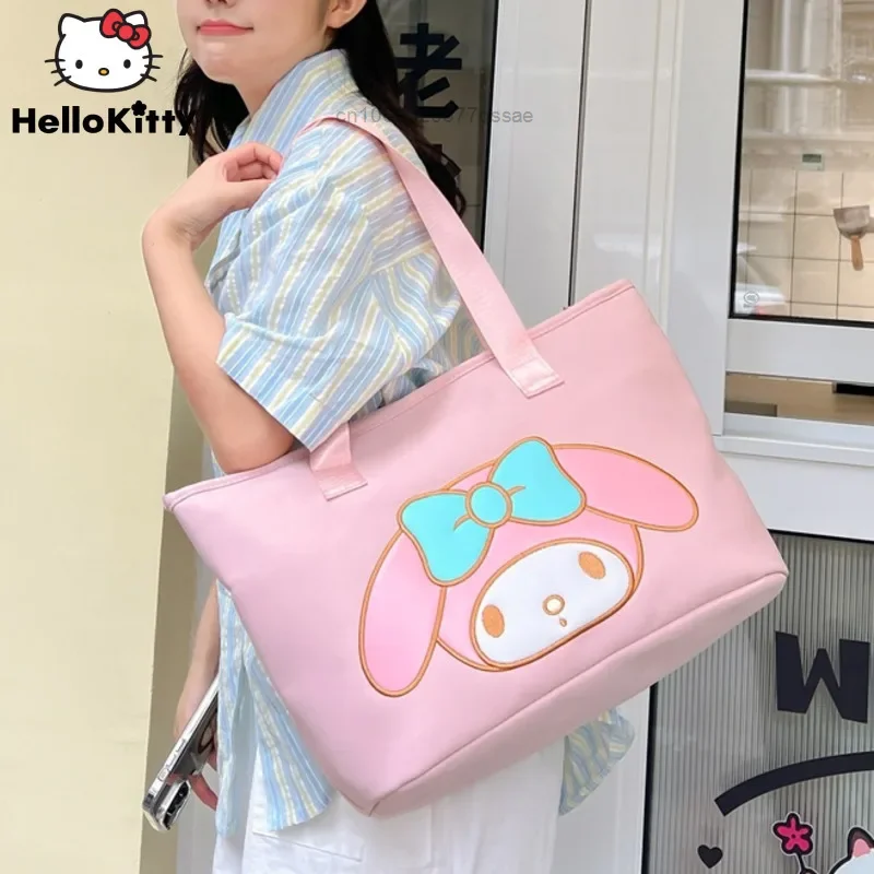 Large Capacity Hello Kitty New Single Shoulder Bag Women\'s Cute Kuromi Melody Embroided Pattern Commuting Casual Zipper Handbag