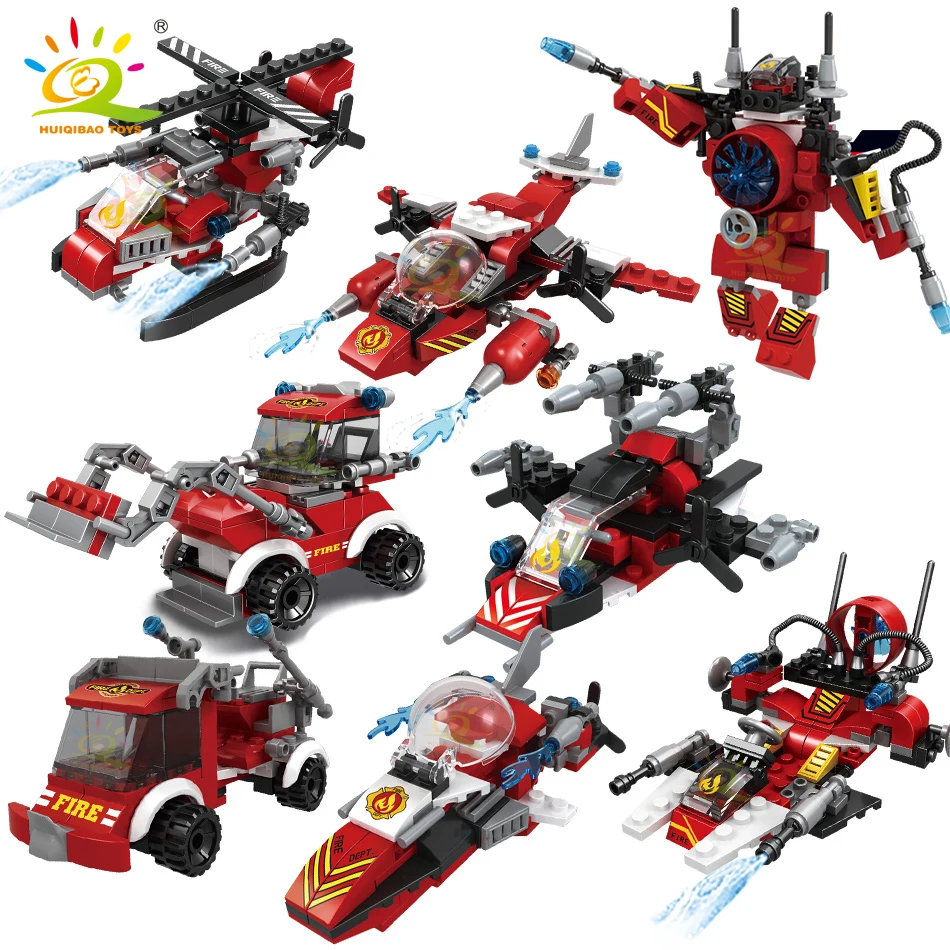 HUIQIBAO 806pcs 8in1 City Fire Truck Model Building Blocks Firefighting Set Fireman Figures Bricks Construction Toy for Children