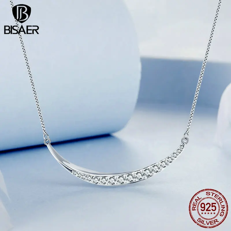 BISAER 925 Sterling Silver Moon Smiley Face Necklace Dream Pavé Setting Zircon Chain for Woman Fine Jewelry Valentine's Day Gift