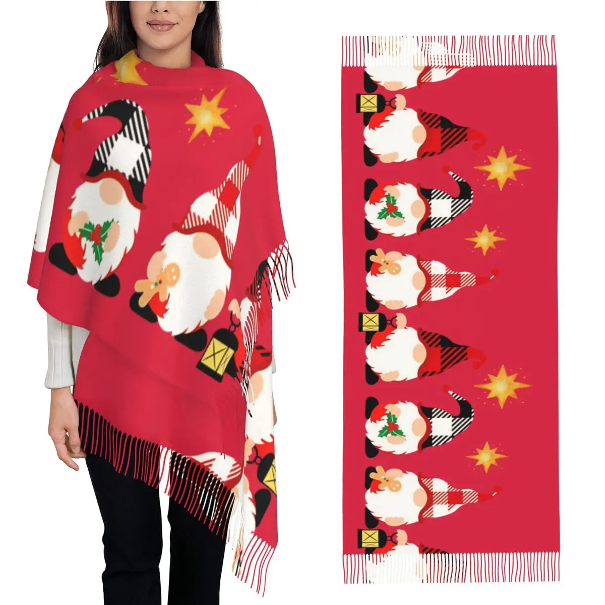 Cute Xmas Garden Gnome Scarf for Womens Winter Fall Pashmina Shawl Wrap Christmas Pattern Long Shawl Scarf Daily Wear