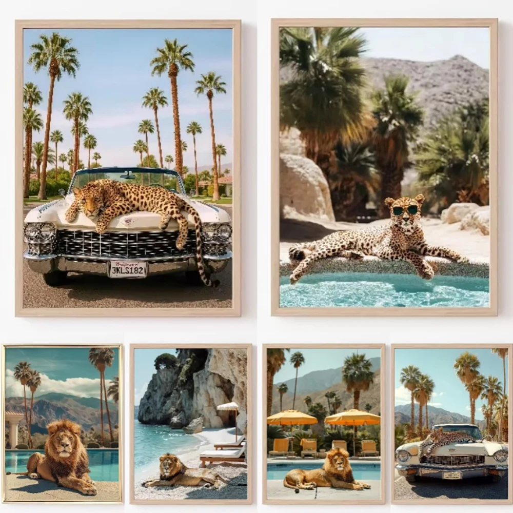 Lion Tiger Leopard and Palm Springs Canvas Painting Animals in California Landscape Poster Prints Wall Art Room Home Decor