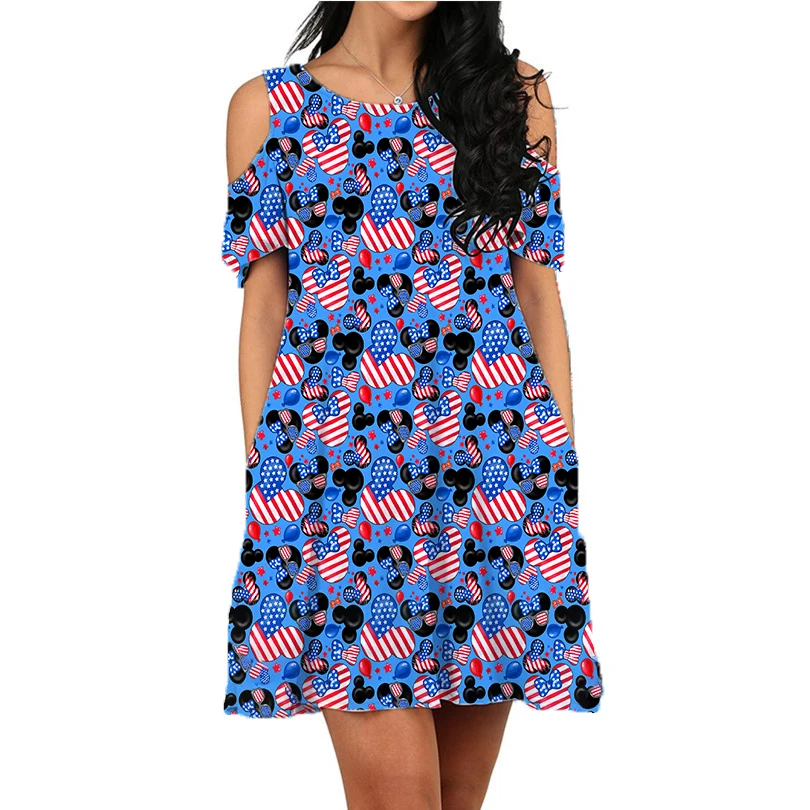 

Mickey's Fourth of July Dress Women Summer Short Sleeve Beach Dress Disney Sexy Dress Holiday Party Dress