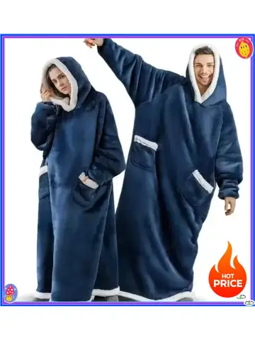 Pullover lamb fleece oversized loose outdoor sleepwear, flannel blanket pajama with sleeves, winter hooded sweatshirt
