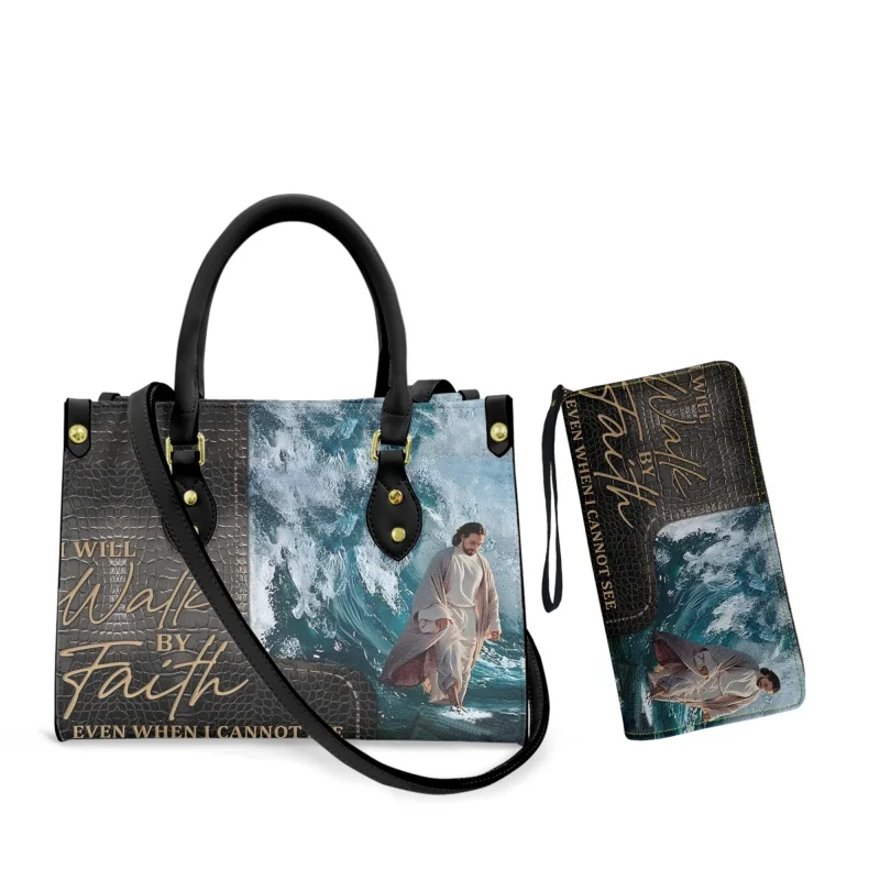 

I Will Walk By Faith Even I Cannot See Jesus Bag Christian Pu Leather Bags Custom Women Leather Purse Set of 2 Fashion Travel