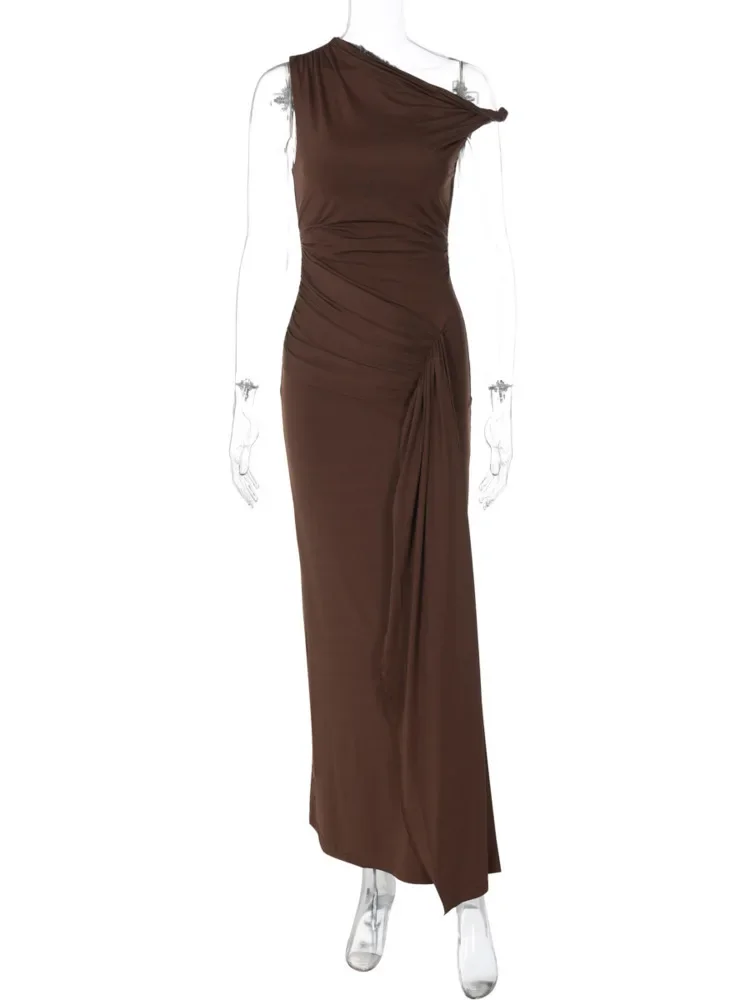 

2025 New One Shoulder Sexy Slim Maxi Dress For Women Elegant Solid Sleeveless Patchwork Pleated Club Party Long Dress