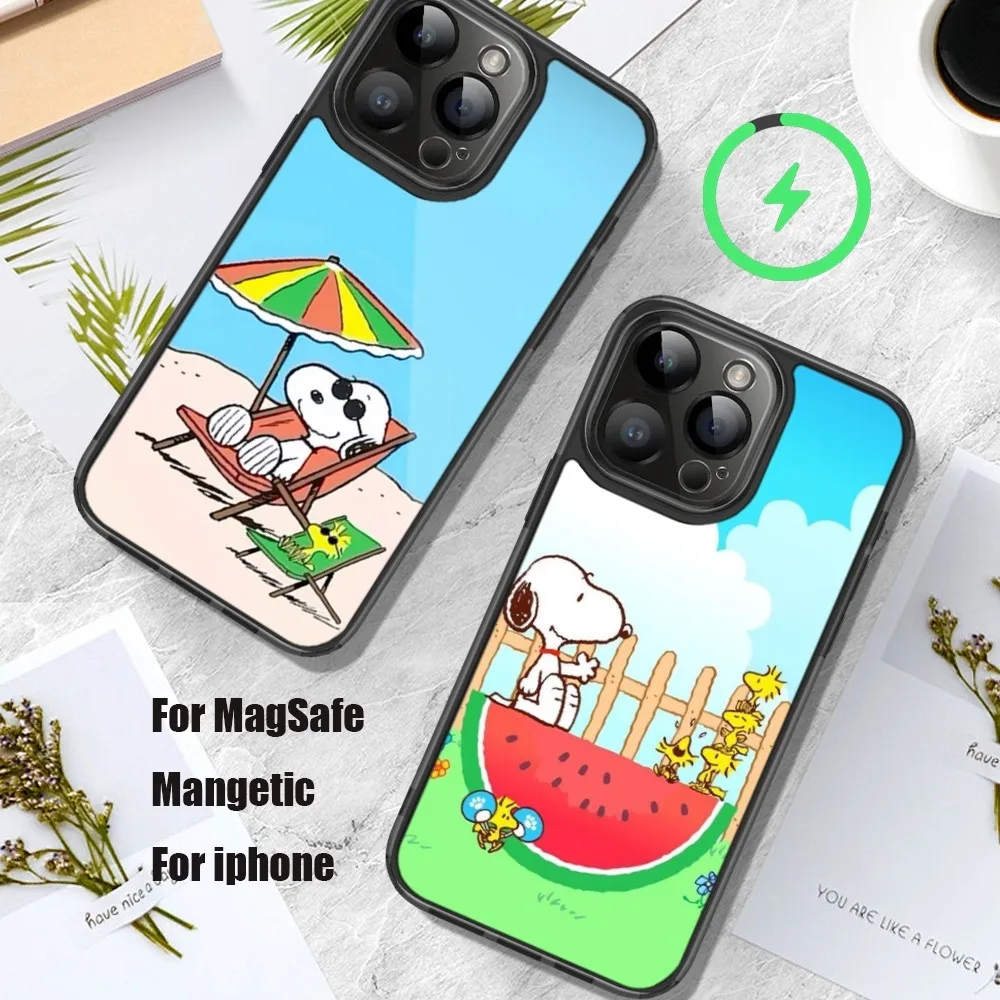 MINISO S-Snoopy Phone Case For iPhone 11 12 13 14 15 Pro Max Plus Mini Magsafe Magnetic Wireless Charging Shell