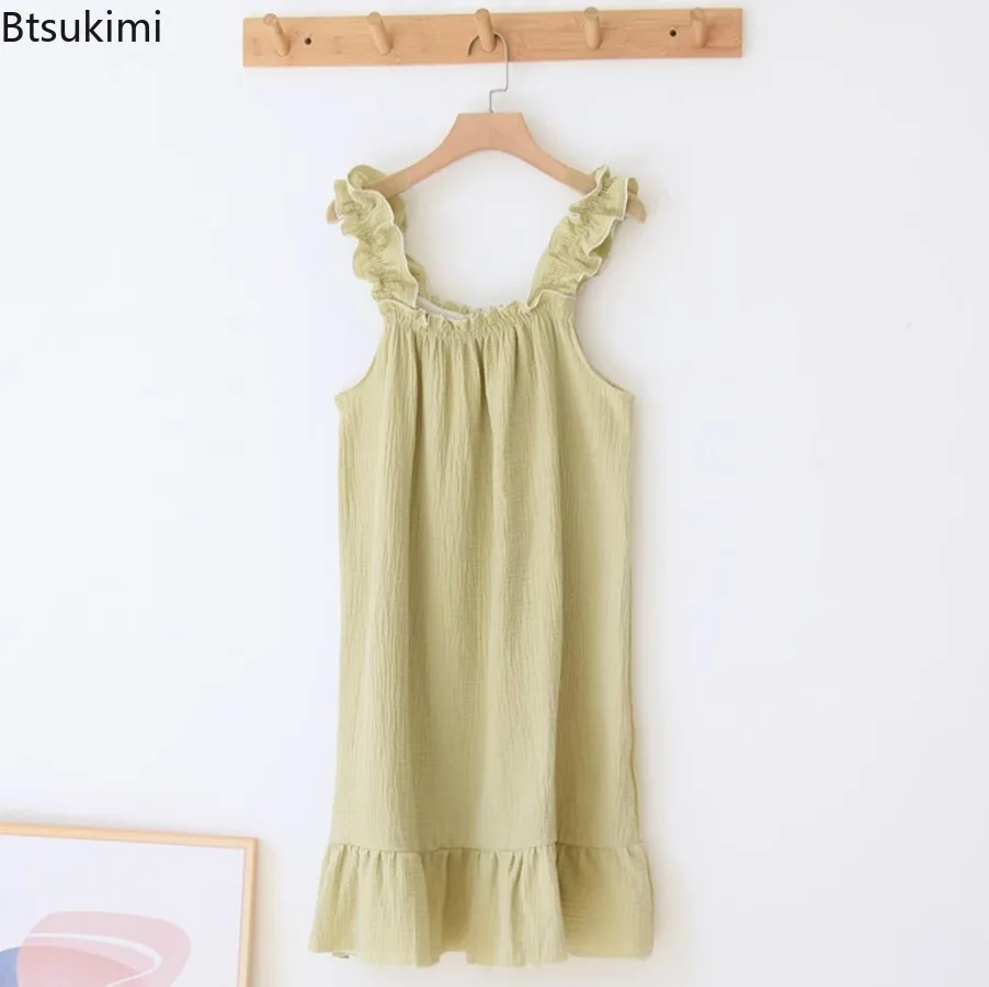 New 2025 Women's Summer Nightdress 100% Cotton Crepe Thin Vest Suspender Skirt Loose Long Skirt Sweet Cute Home Robes for Women