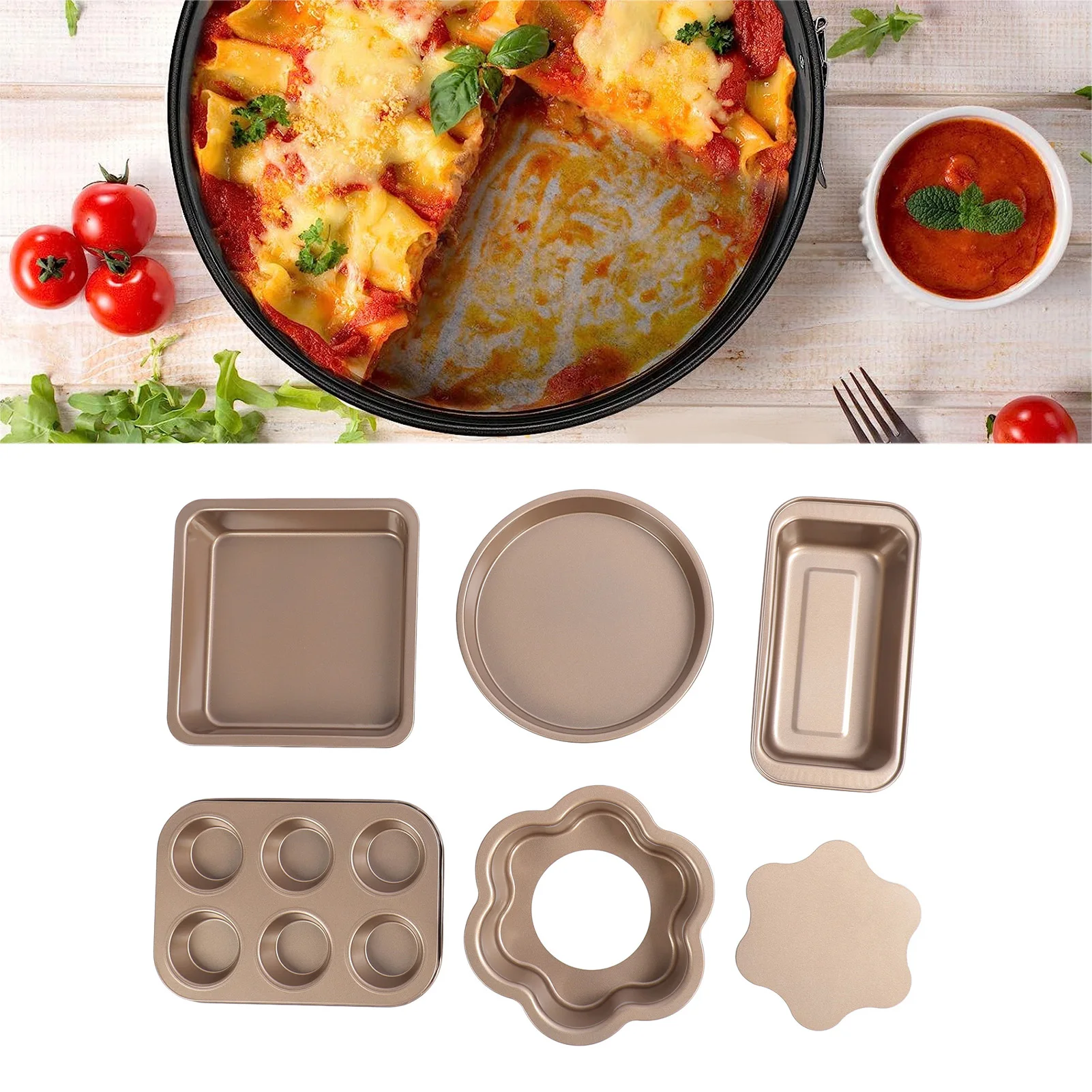 

6Pcs Bakeware Set Loose Bottom Carbon Steel Anti Stick Baking Pans Kit For Toast Muffin Pizza