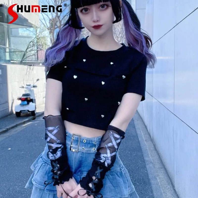 

Japanese Rojita Top Sweet Cool Mine Love Rivet Bow Short Sleeved Slim Fit Y2k Kawaii T-shirt With Oversleeves Women's Clothes