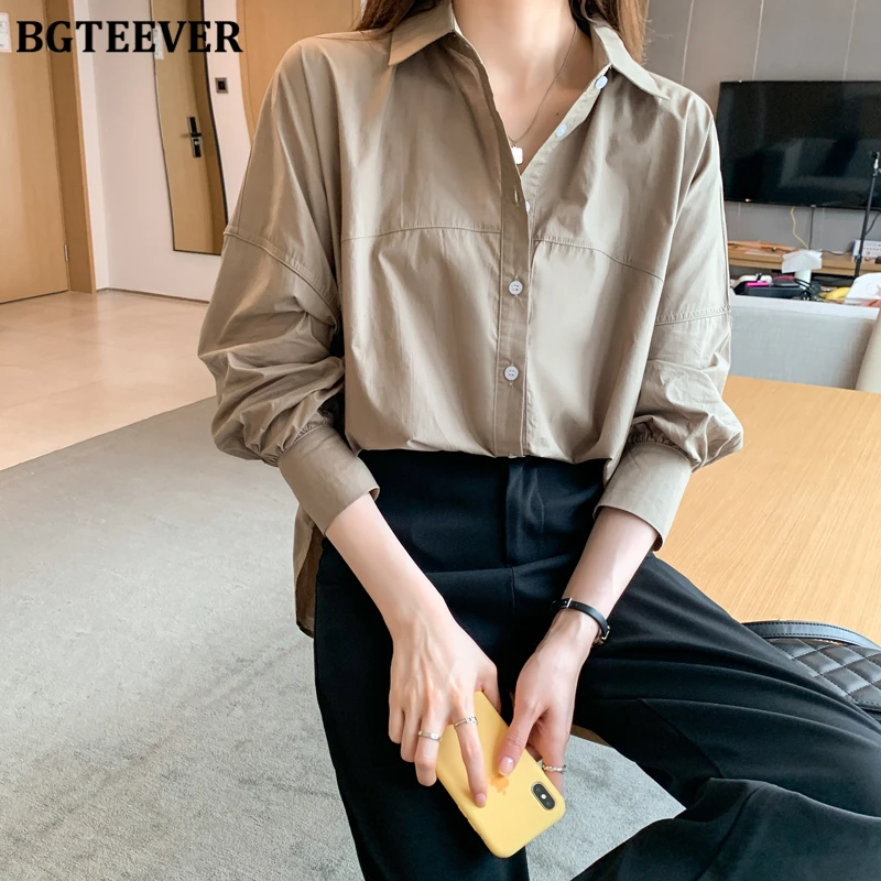 

BGTEEVER Spring Fashion Loose Turn-down Collar Ladies Single-breasted Blouses Shirts Stylish Long Sleeve Female Shirts Tops