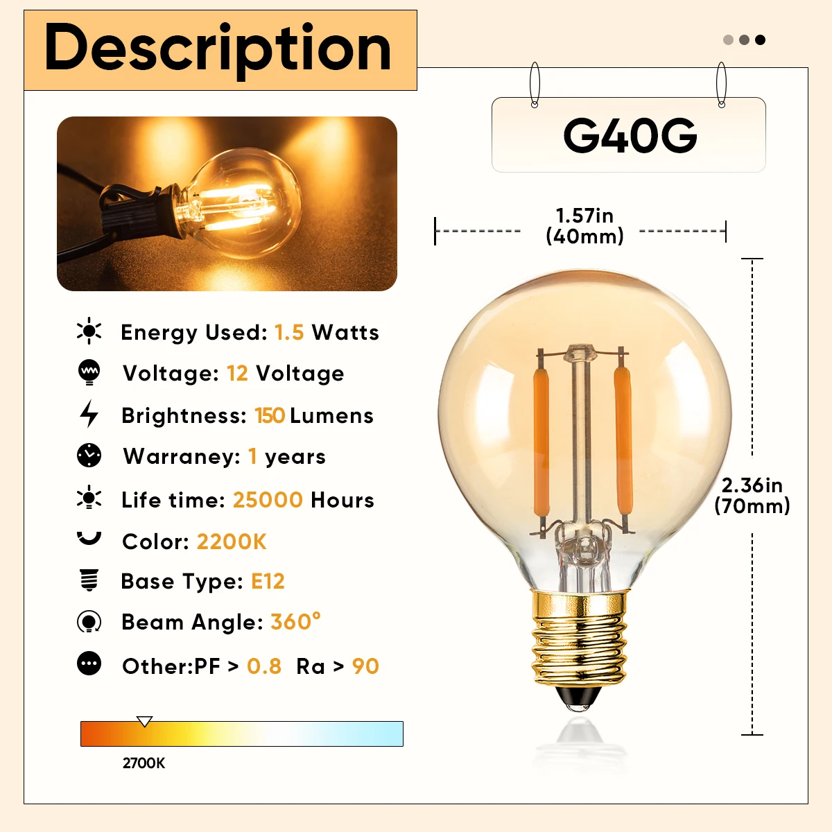 G40 Led-lamp DC12V 1,5 W E12 Warm wit Laagspanningsverlichting voor Solar String Light Outdoor Gloeilamp Campers Marine Verlichting