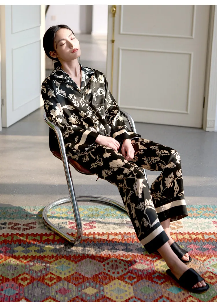 Heavyweight 100% Mulberry Silk Women's Floral Pajamas Set Spring Loose Fit Long Sleeve Shirt & Pants Nightwear 2Pcs Homewear PJs
