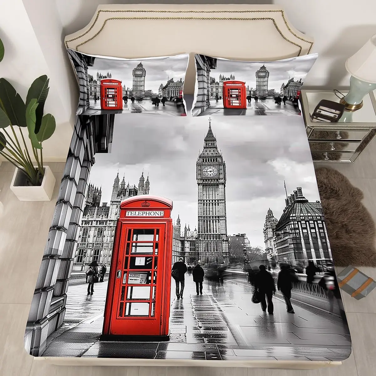 Retro Telephone Booth Fitted Sheet Set Big Ben Bed Sheets, London Street View Sheet Set Historical European Scenery Bed Cover