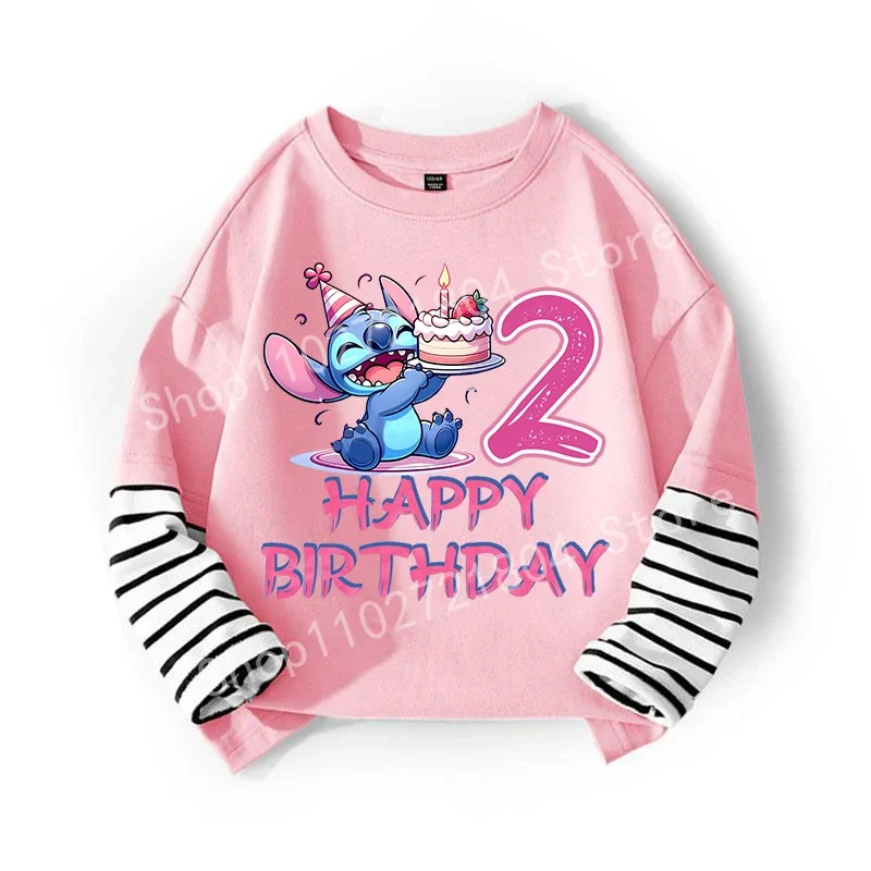 Stitch Disney Number Fake Two Pieces T-shirt Girl's Birthday Clothes Kawaii Round Neck Tees Cotton Tops Fashion Girls Clothing