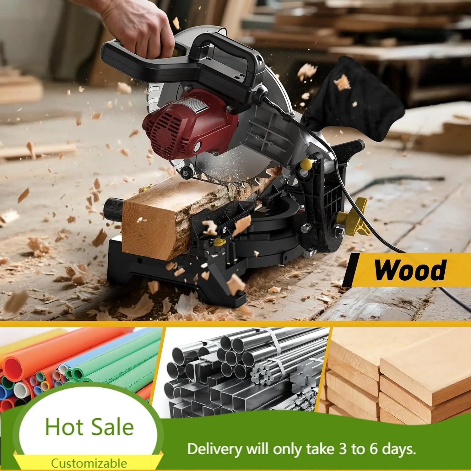 10-inch Compound Miter Saw, 5000RPM, 15 Amp, Single Bevel 0-45° with Extension Table, 36T Blade, Power Saw for Metal,