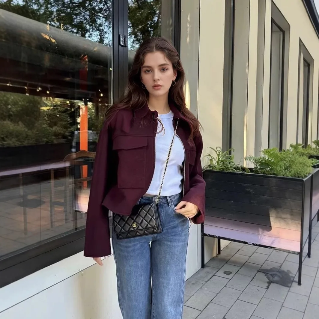 Women's Simple Casual Woolen Coat Spring and Autumn Fashion Zipper Big Pocket Lapel Coat Loose