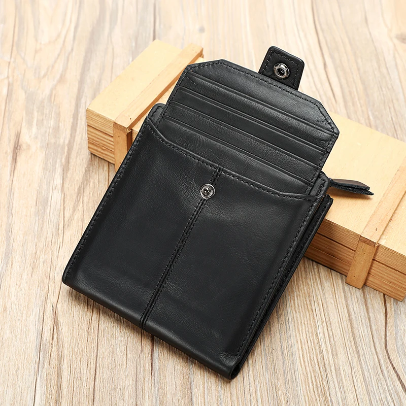 Black Casual Short Genuine Leather Wallet For Men Multi-Functional Zipper Pocket Card Holder Slot Large Capacity Wallets
