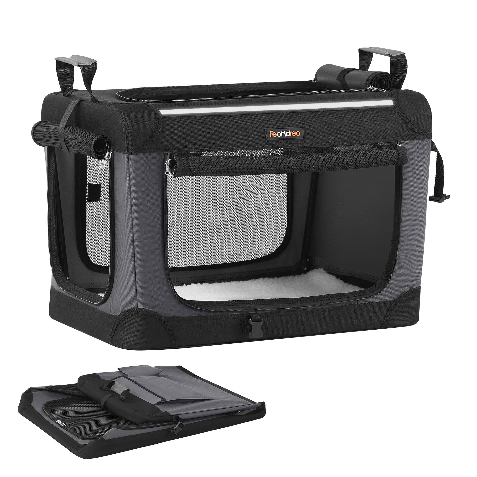 FEANDREA Transportbox für kleine Hunde, faltbare Hundetasche mit Netzstoff-Türen und Taschen, Reisen, schwarz