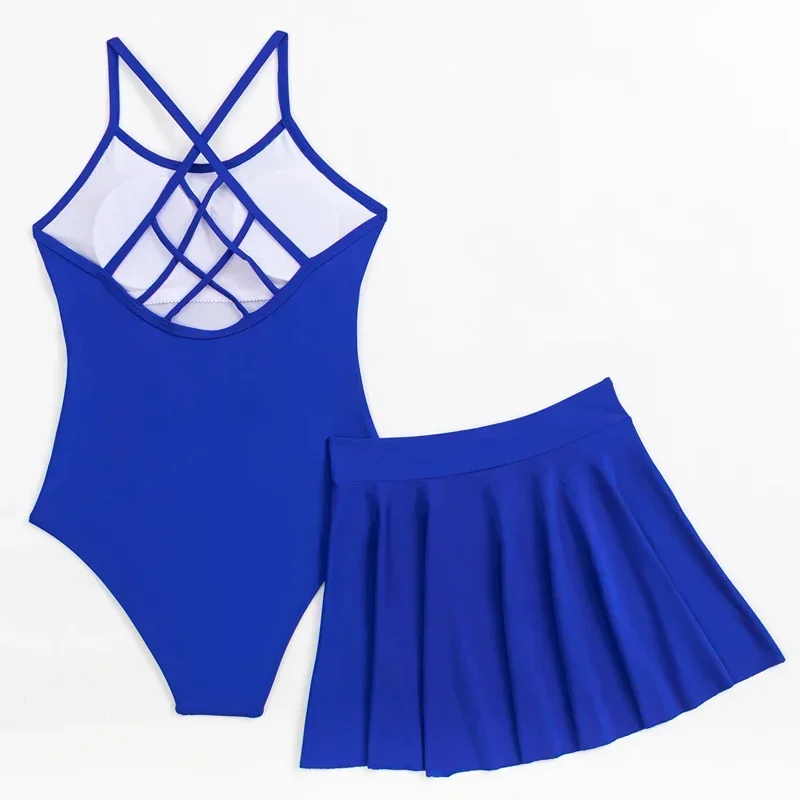 สีทึบชุดว่ายน้ํา One Piece ผู้หญิง 2024 ใหม่ 2 ชิ้นชุดกระโปรงชายหาดบิกินี่, slim Conservative Blue ชุดว่ายน้ําชุดว่ายน้ํา