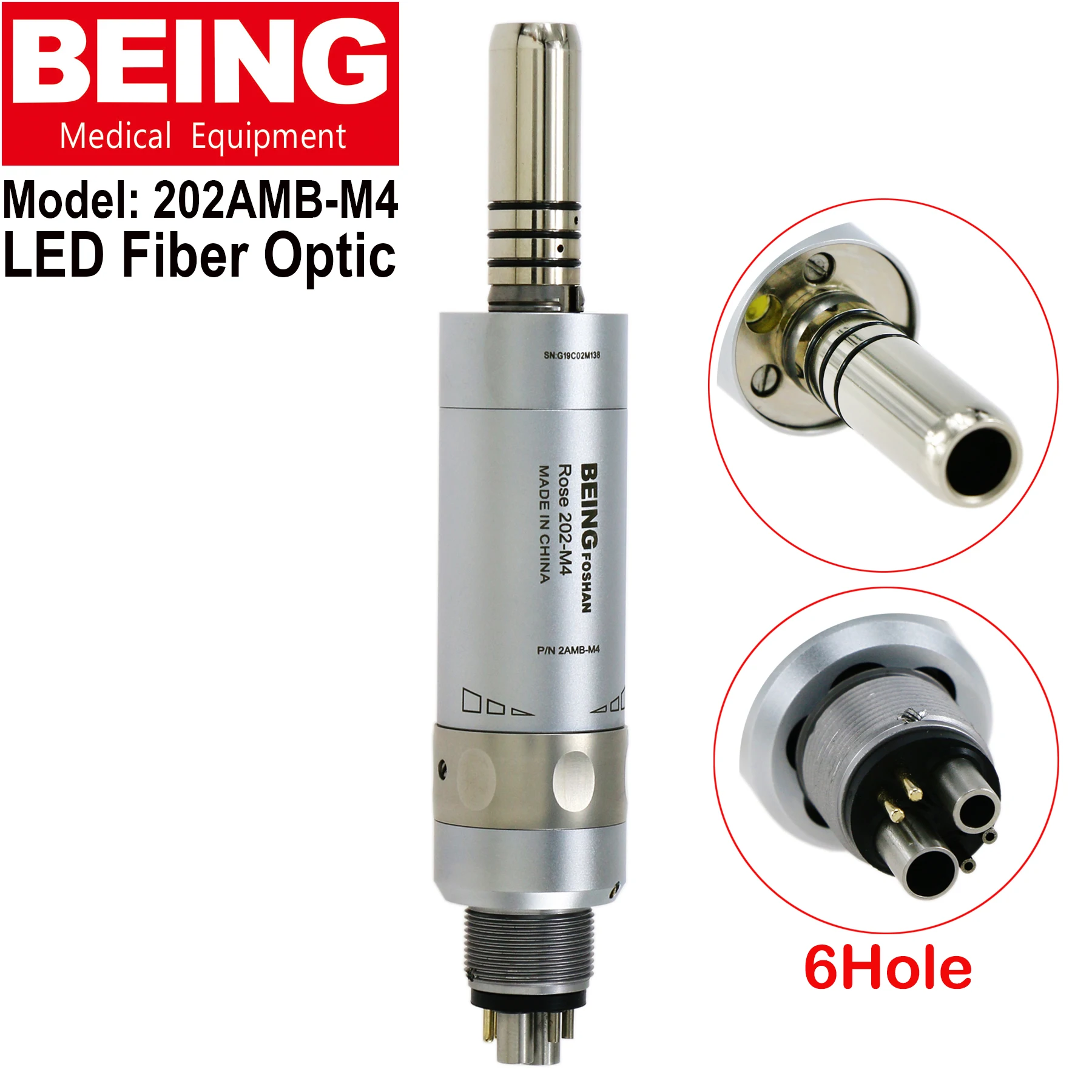 

BEING Dental 1:1 LED Fiber Optic Air Motor 6 Holes 6 Pin Inner Water Low Speed Handpiece Rose 202AMB-M6 Fit NSK KAVO