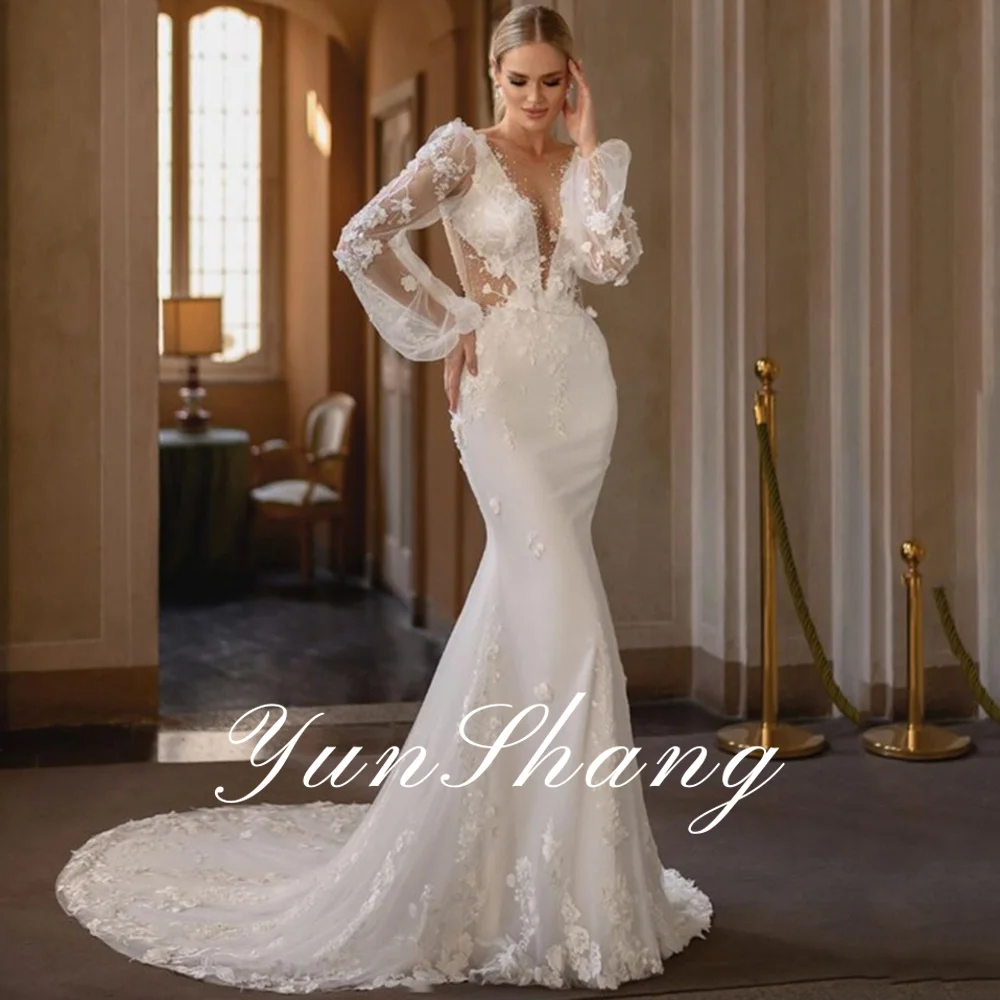 YunShang Customized Sheer Deep V-Neck Wedding Dress Long Lantern Sleeves Lace Appliquues Beach Mermaid Bride Backless Train