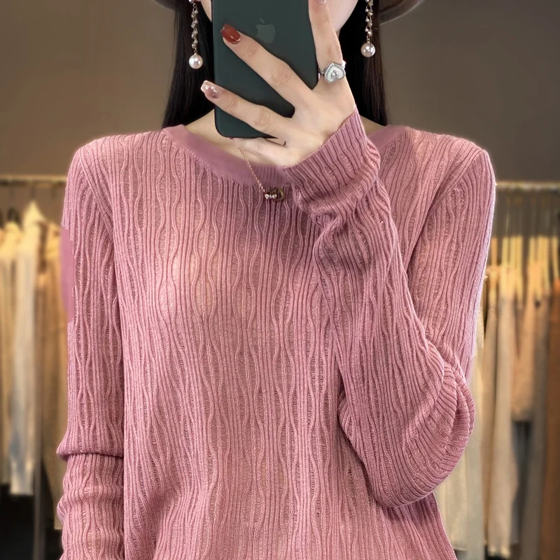 23 Autumn Winter New Woolen Sweater Women's Round Neck Long Sleeve Pullover Loose Hollow Out Simple Solid Color Versatile Knit