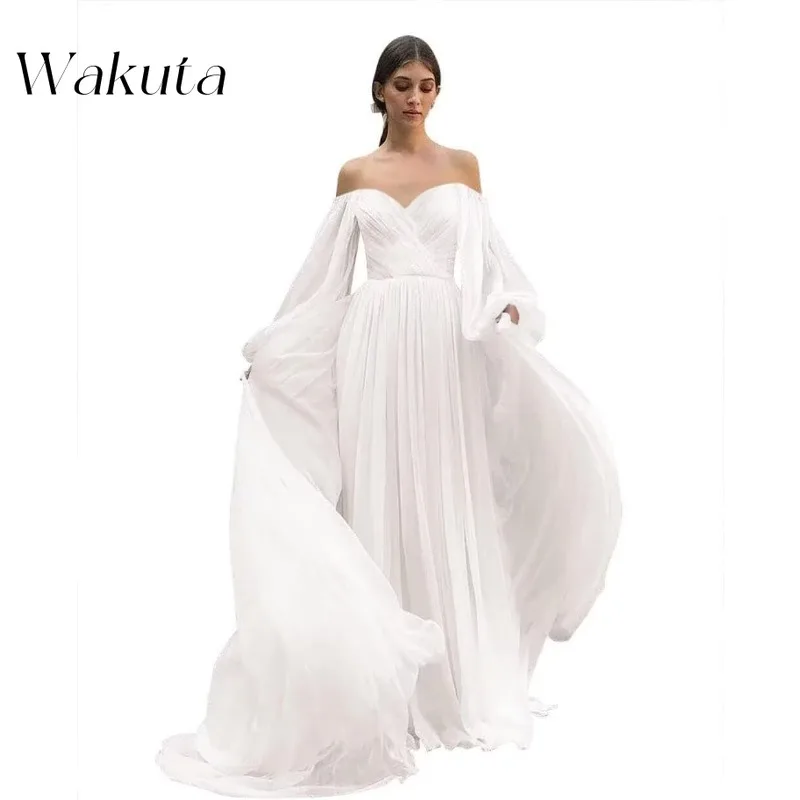 Wakuta Elegant Women’s Wedding Dress Off Shoulder Chiffon Puffy Long Sleeves Formal Prom Evening Dresses Dubai Luxe with Pockets