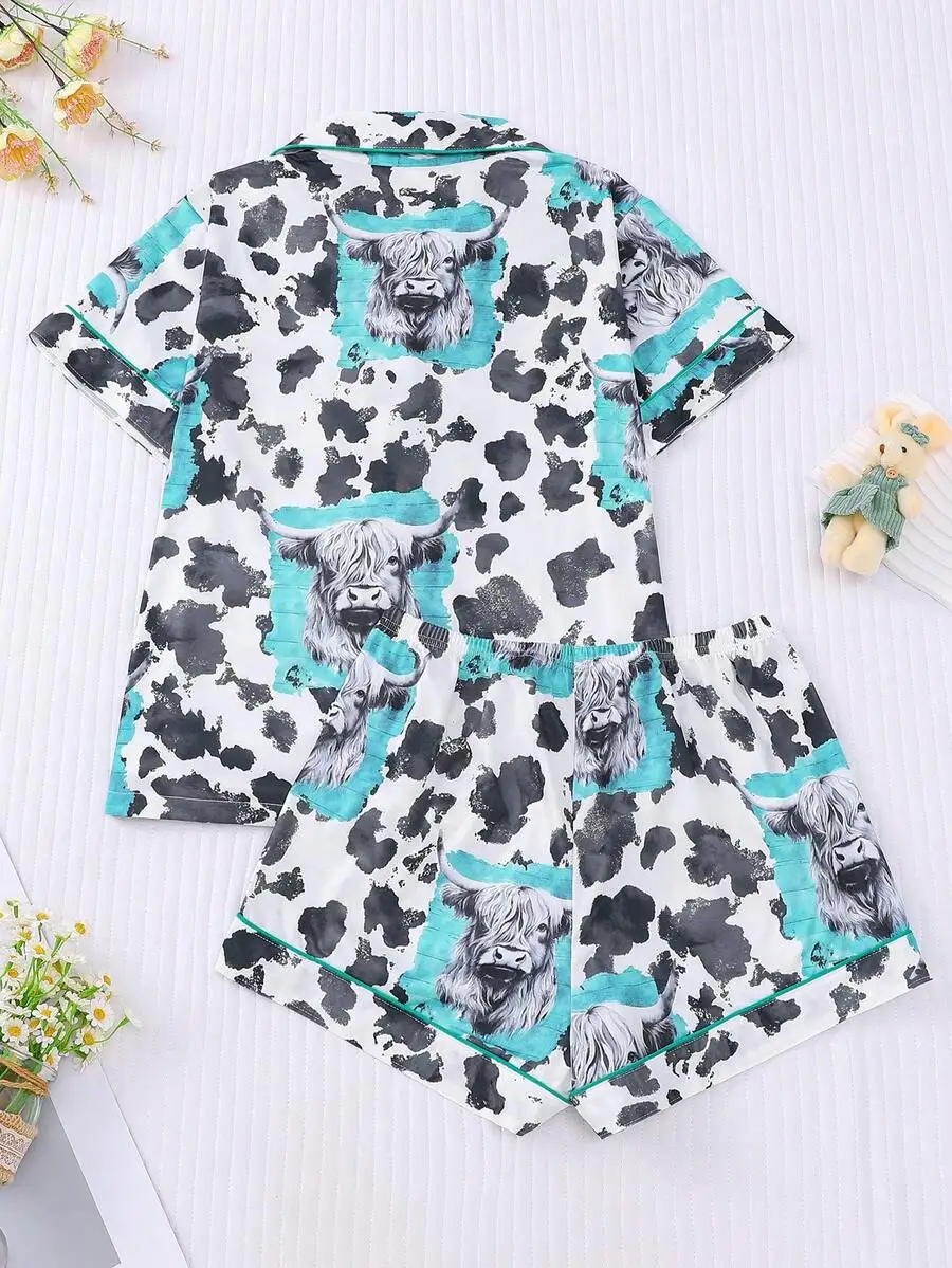 

Women 2 Piece Cow Print Pajama Set Collared Shirt And Elastic Waist Shorts