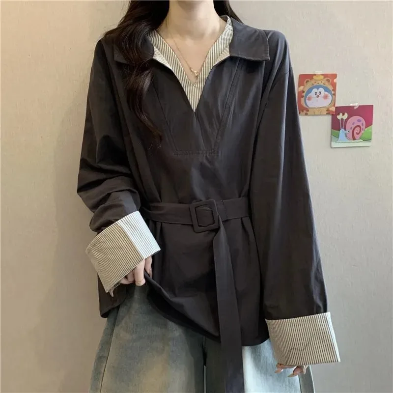French Chic Contrasting Color Splicing Striped Fake Two-piece Shirt Autumn New Versatile Slimming Temperament POLO Collar