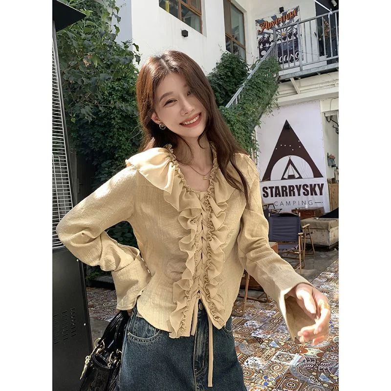 

V-neck Ruffle Long-sleeved Shirt New Style Women's French Niche Design Tops Slim and High-end