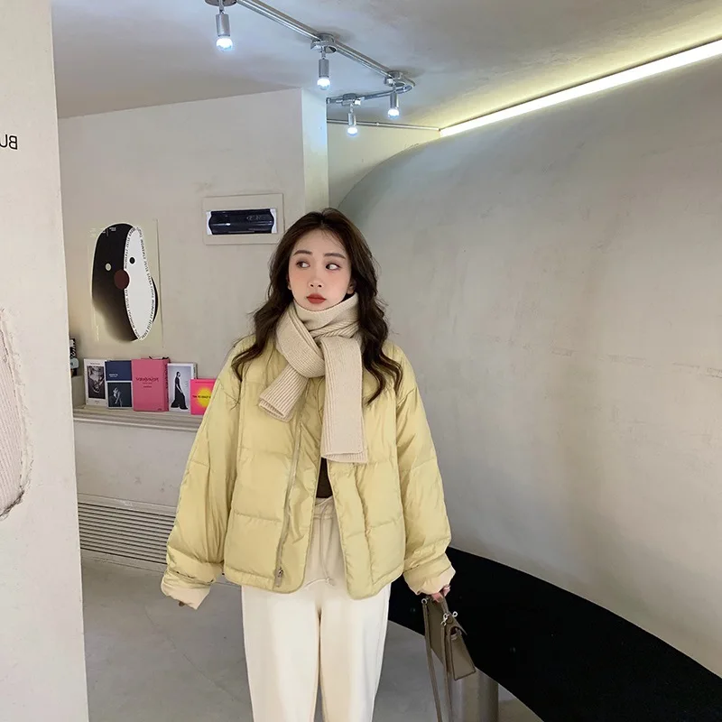 المرأة أسفل سترة الراقية الاتجاه قصيرة سترة منفوخة معطف الشتاء يندبروف الأبيض بطة أسفل ملابس خارجية دافئة البريدي كم طويل #2