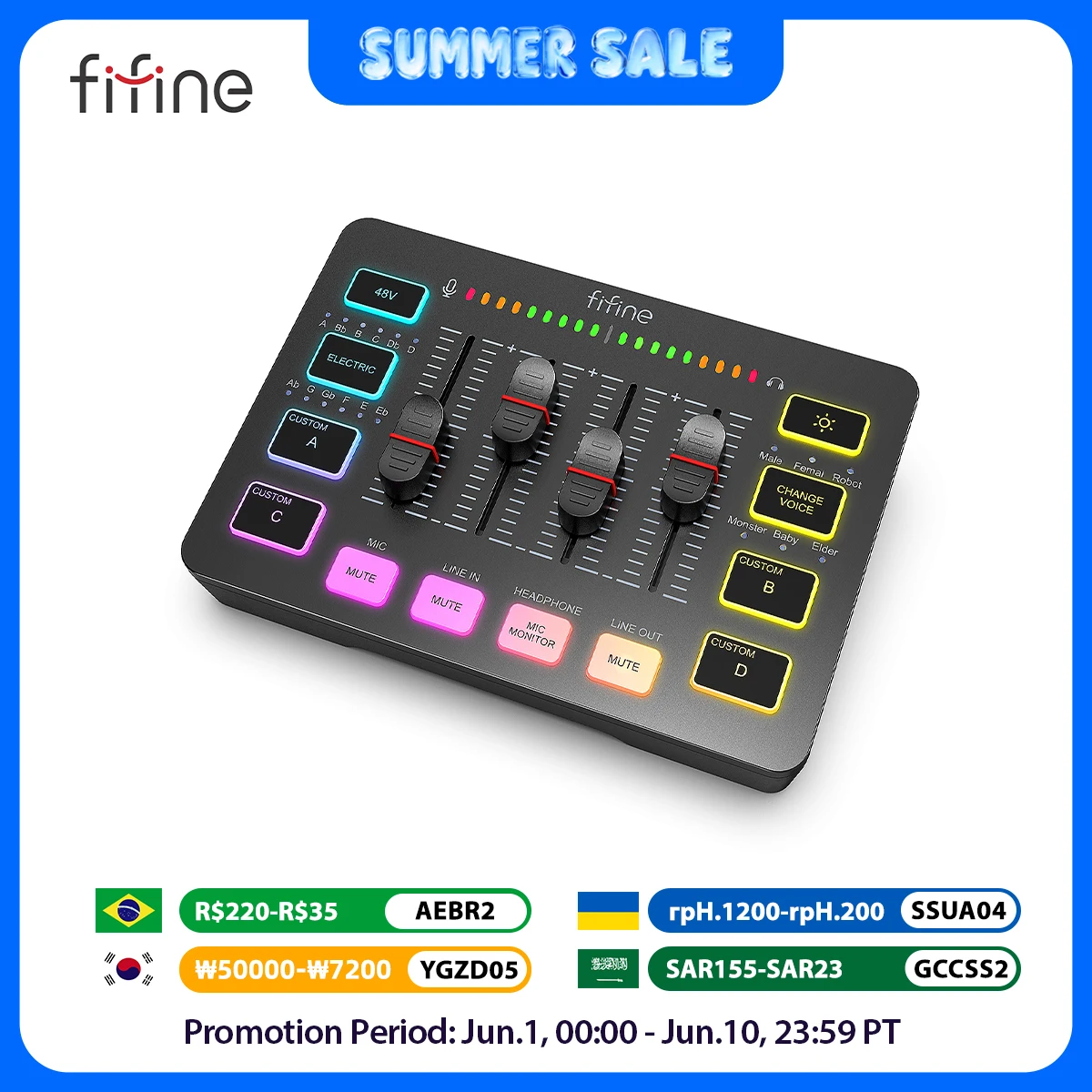 FIFINE Gaming Audio Mixer,Streaming 4-Channel RGB Mixer with XLR Microphone Interface,for Game Voice,Podcast,AmpliGame SC3