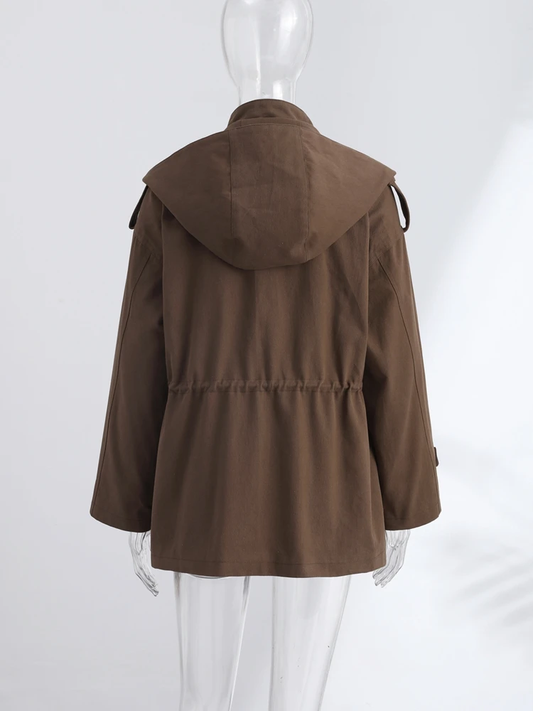 Kapuzenjacke mit Mehreren Taschen und Kordelzug für Damen, Streetwear-Stil mit Stehkragen, Epauletten, Langen Ärmeln, Locker Geschnittene Mäntel, Schicke Damen-Oberbekleidung – Detail 5