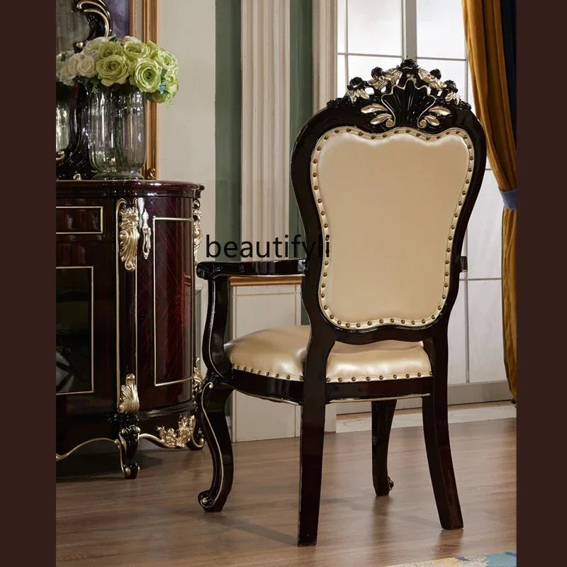 B178 European solid wood first layer real cowhide dining chair American ebony carved study armrest, bedroom chair2936