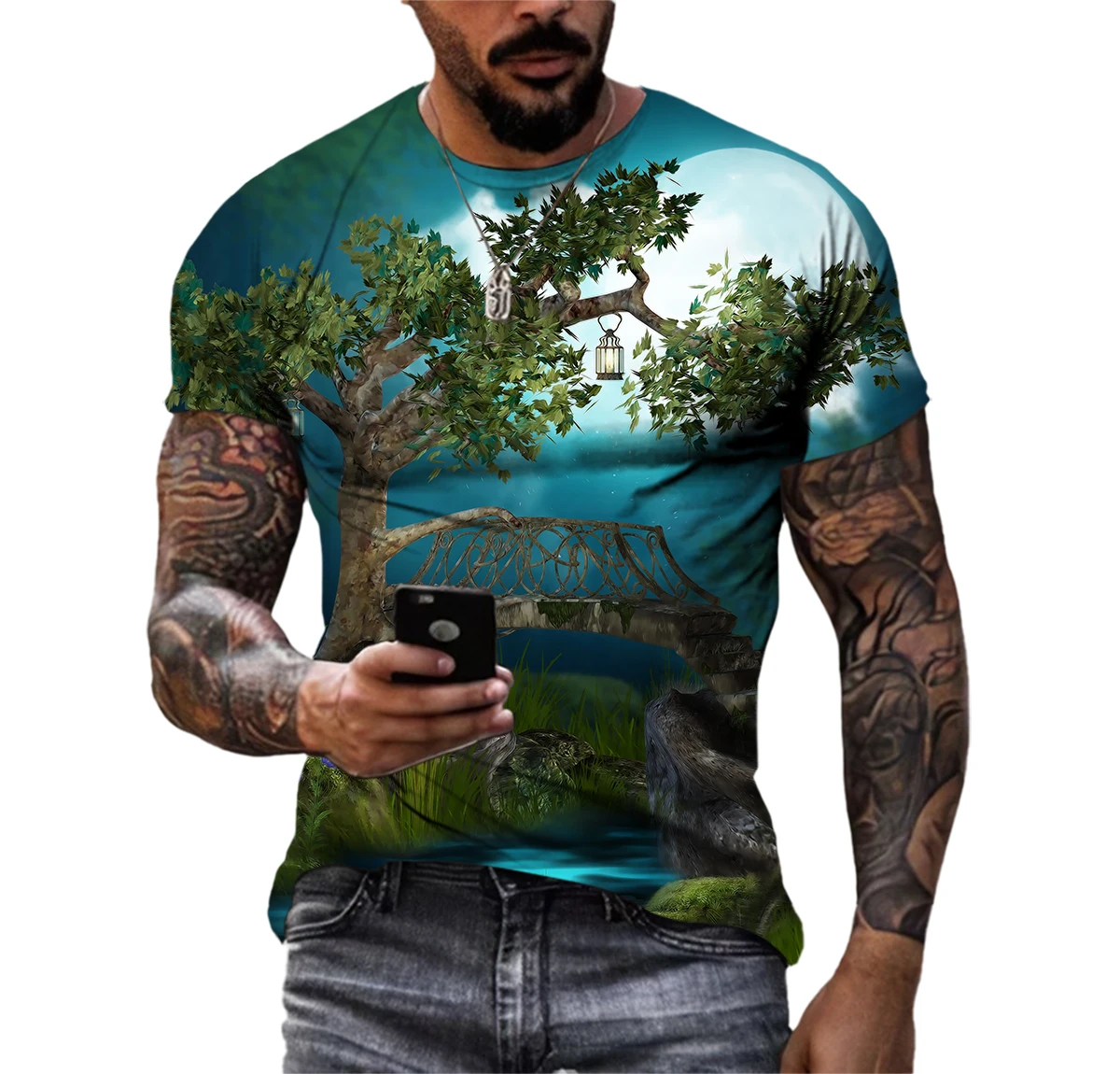 Romantic Magic Forest 3D Printing Pattern Casual Hip Hop Harajuku Personality Round Neck Large Men's T-shirt Short Sleeve Top